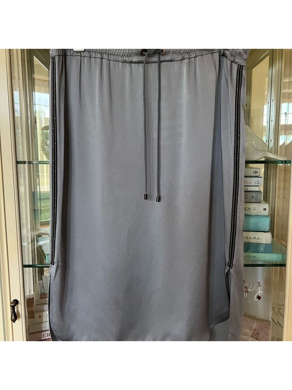 NWT Brunello Cucinelli Gray/ Blue Silk Blend Skirt w/Monili Beading Size 10